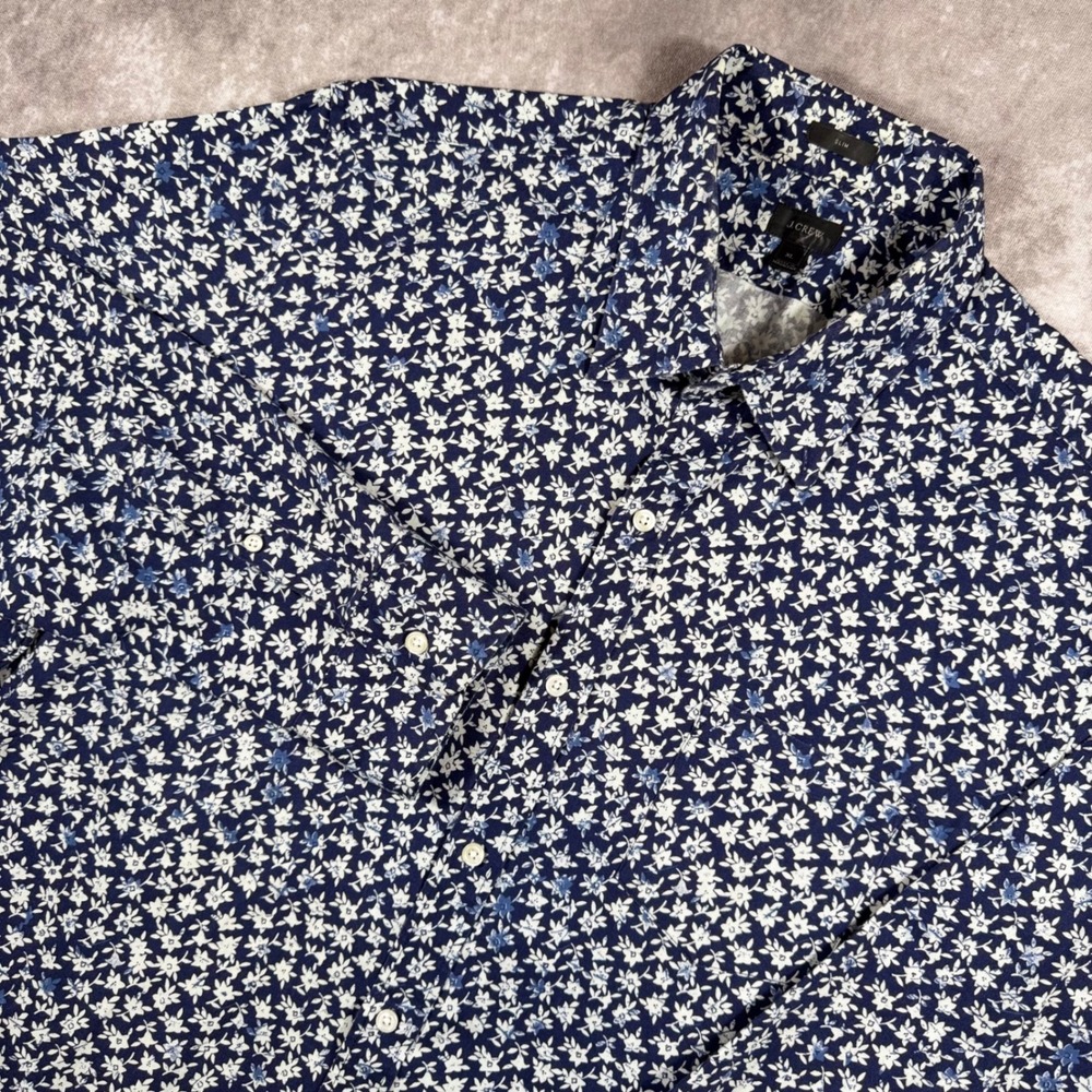 J.Crew Mens XL Slim Fit Long Sleeve Floral Button Down Shirt Navy Blue Cotton